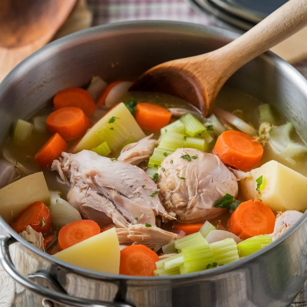A pot filled with hearty chicken and vegetable soup, featuring chicken pieces, carrots, celery, onions, and potatoes, with a wooden spoon in the pot. The rustic background includes a checkered tablecloth and kitchen utensils.
