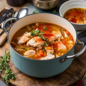 A pot of Chopt soup with chunks of chicken and vegetables on a wooden board, garnished with fresh herbs and a sprinkle of paprika.