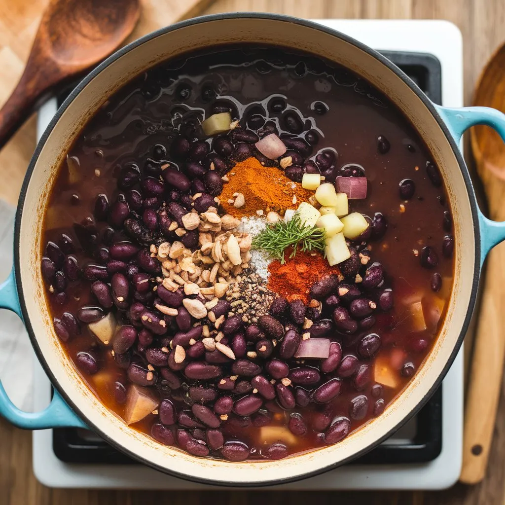 A photo of a purple black bean soup recipe made with black beans, purple potatoes, onions, garlic, and spices. The soup is cooked in a pot on a stove, with a wooden spoon resting next to the pot. The background features a wooden surface with a cutting board and knife.