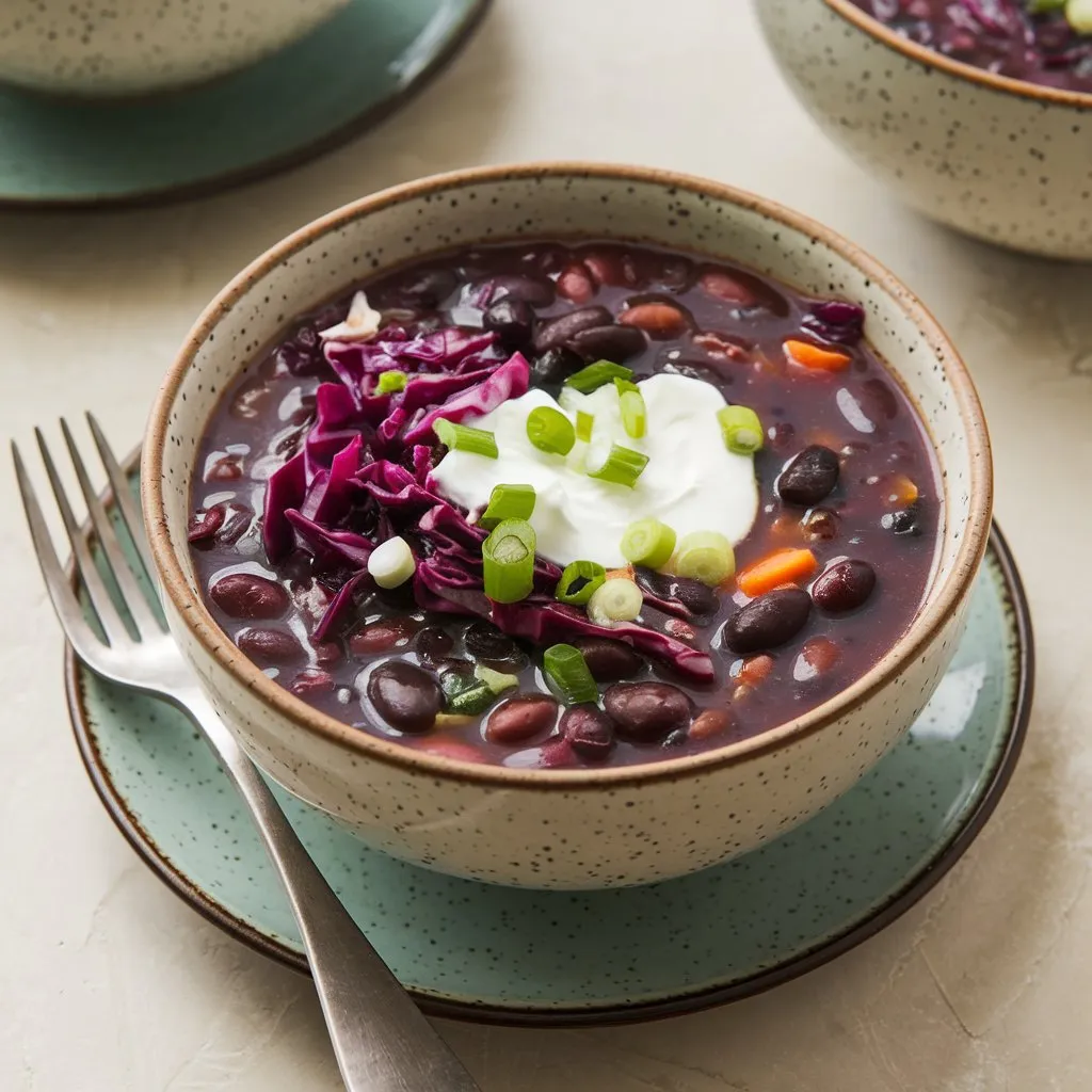 A photo of a vibrant purple black bean soup served in a bowl. Topped with sour cream and green onions, the soup includes black beans, purple cabbage, and fresh vegetables. A fork rests on the plate next to the bowl, placed on a clean white background.