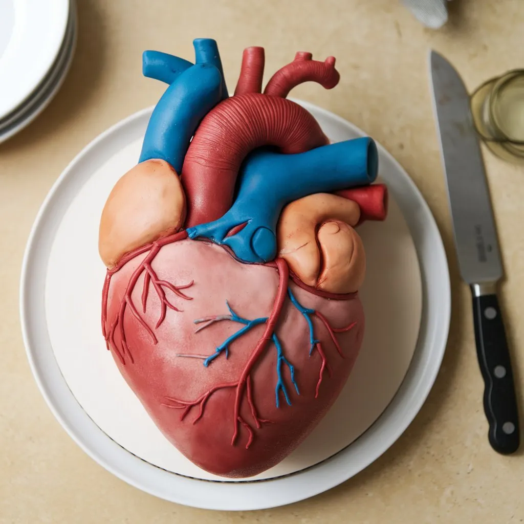 Realistic human heart cake with detailed blood vessels, placed on a white plate with a knife beside it. Beige background.