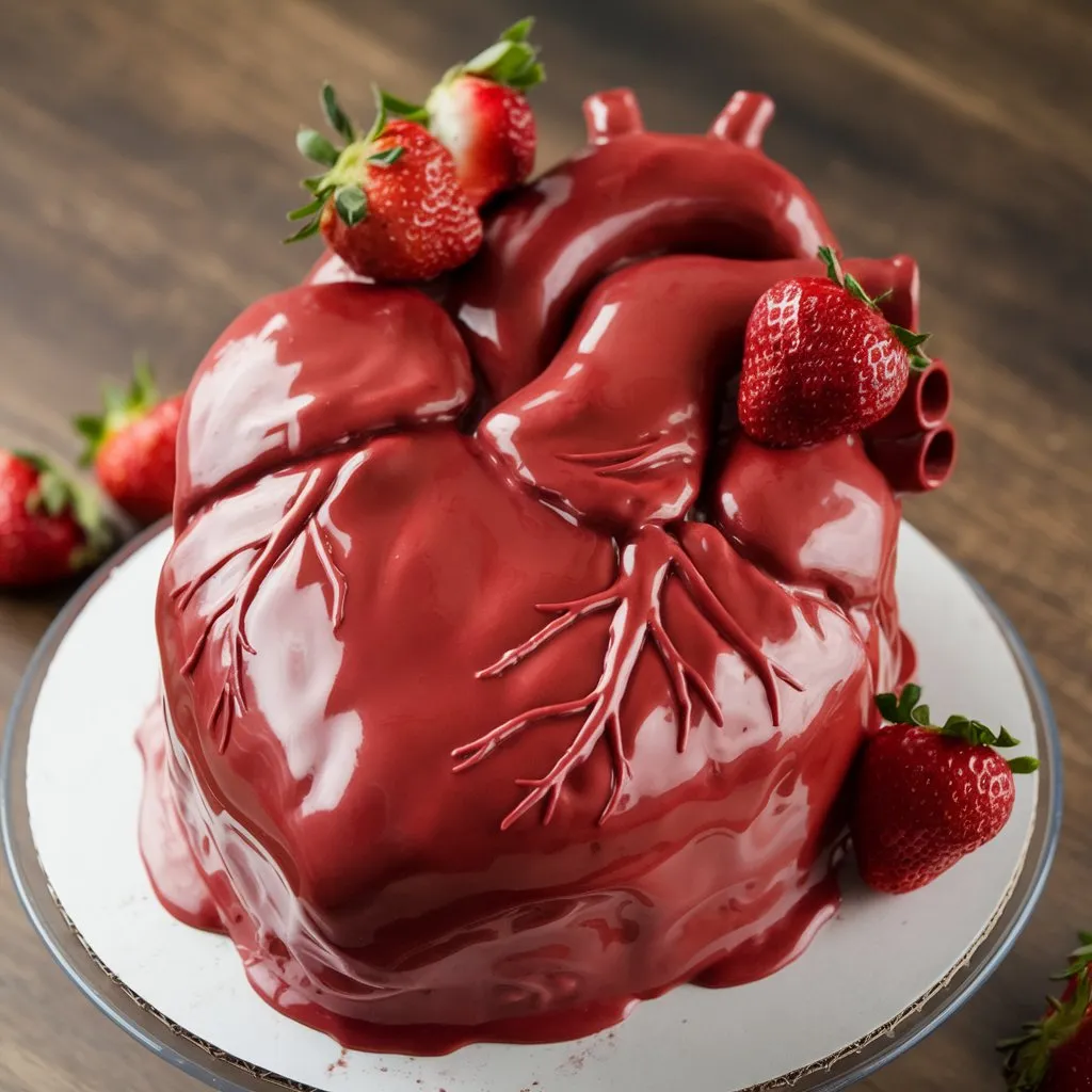 Realistic heart-shaped cake with glossy red glaze and fresh strawberries on top, placed on a wooden surface with a cake stand.