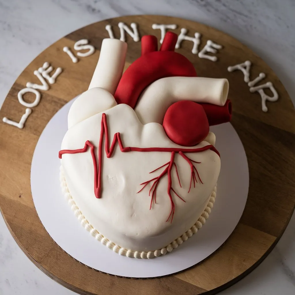 Realistic heart-shaped cake with heartbeat design on a white plate and wooden background.