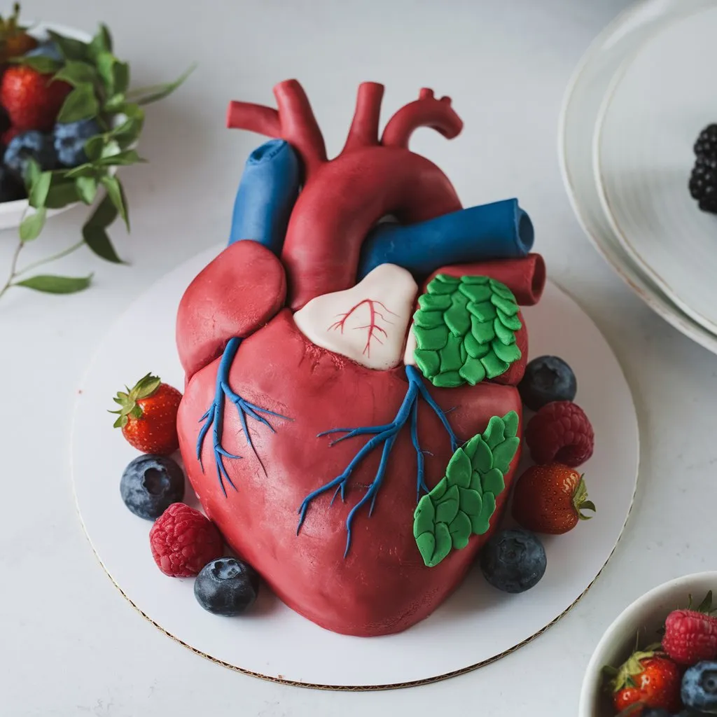 Realistic human heart-shaped cake with detailed veins, red heart, white muscle texture, and green lung-like area. Fresh berries surrounding the cake on a white plate with a clean white background.