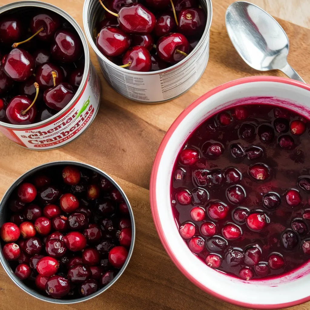 A photo of a recipe for canned cherries and cranberries. Two cans of cherries and two cans of cranberries are arranged on a wooden board. A bowl of mixed cherries and cranberries sits on the side, with a spoon next to it.