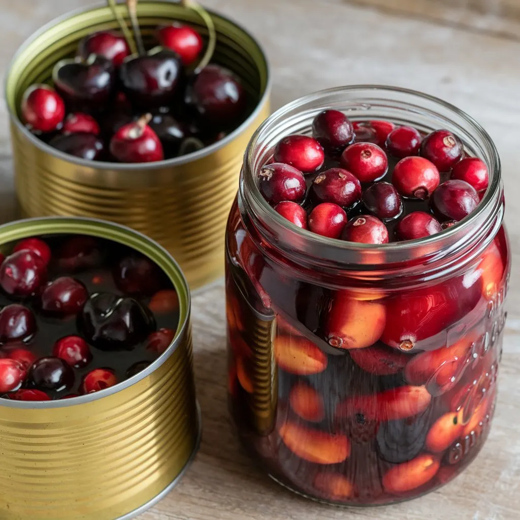 A photo of a recipe for canned cherries and cranberries. Two cans of fruit—one with cherries and one with cranberries—are shown, with a clear glass jar filled with the mixed fruit and topped with syrup. The background is a rustic wooden surface.