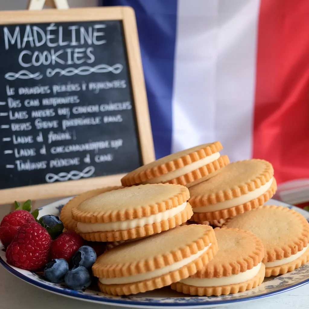 A photo of a recipe for Madeline cookies with a French flag in the background. The recipe is written on a chalkboard. There are Madeline cookies with a cream filling on a plate beside the chalkboard. The Madeline cookies are thin, elongated, and have a scalloped edge. The cream filling is a light yellow color. Fresh berries are placed beside the plate of cookies. The background features a French flag.