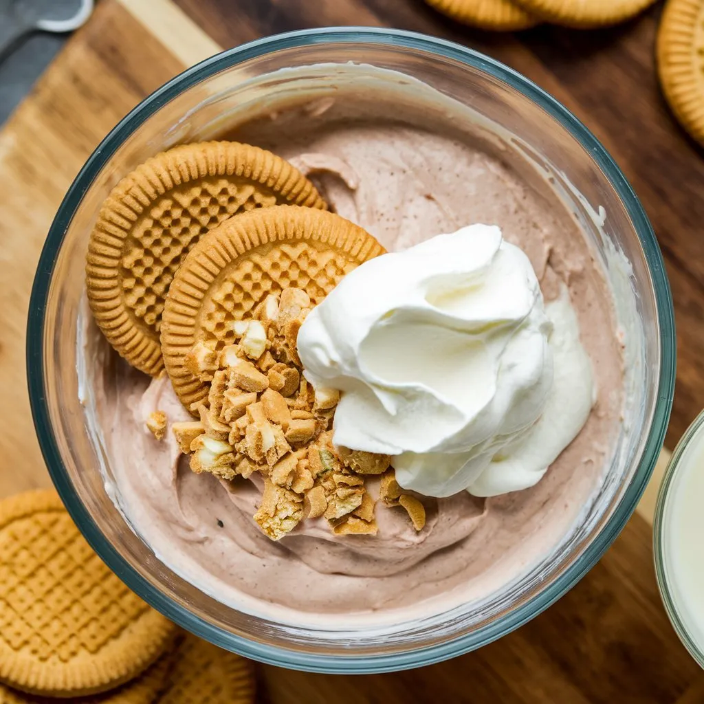  Cream cheese and white chocolate instant pudding mix recipe in a bowl, topped with whipped cream and cookies, served on a wooden board.