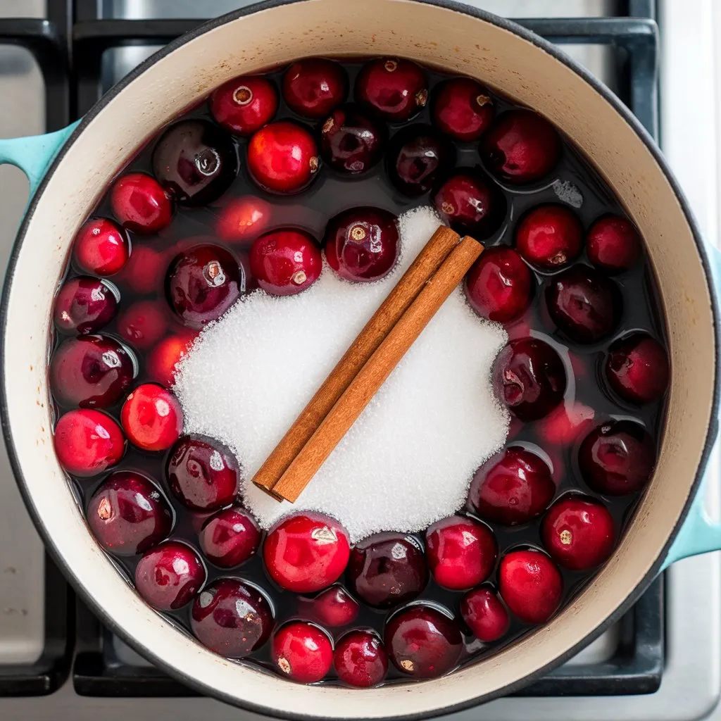 A photo of a recipe titled "Canned Cherries and Cranberries". The recipe features canned cherries and cranberries in a pot with sugar, water, and a cinnamon stick on top. The pot is placed on a stovetop with a clean white background.