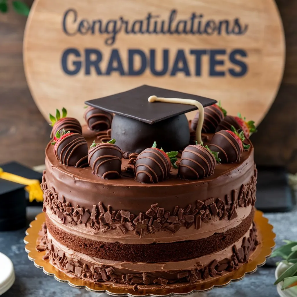 A rich chocolate graduation cake iced with smooth chocolate frosting, topped with a fondant graduation cap, and decorated with edible gold stars and a piped border.