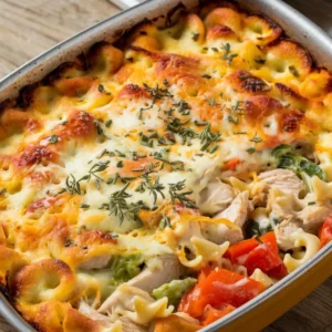 A photo of a Rick Nolan Hotdish Recipe with a golden-brown casserole dish filled with a creamy mixture of ground beef, potatoes, and cheese. The dish is topped with melted cheese and fresh herbs, placed on a wooden surface.