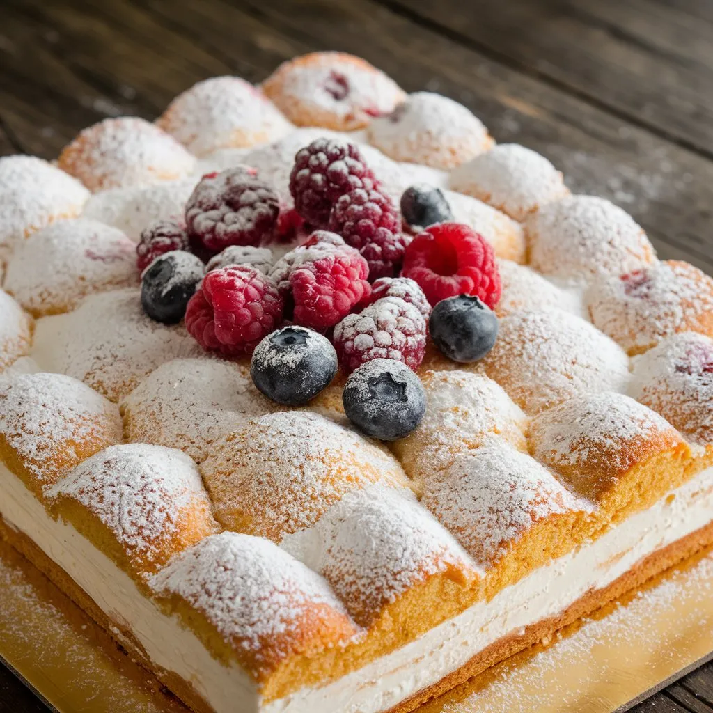 A sheet cake made with kefir, dusted with powdered sugar and topped with fresh berries on a wooden table.