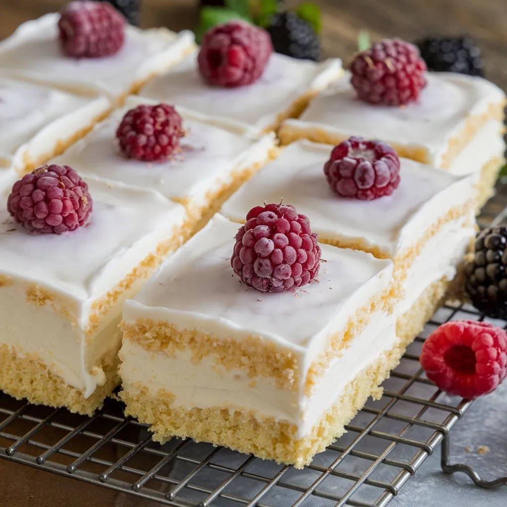 Kefir sheet cake with light golden-brown color, sweet white icing, cut into squares, fresh berries, and a wooden surface background.