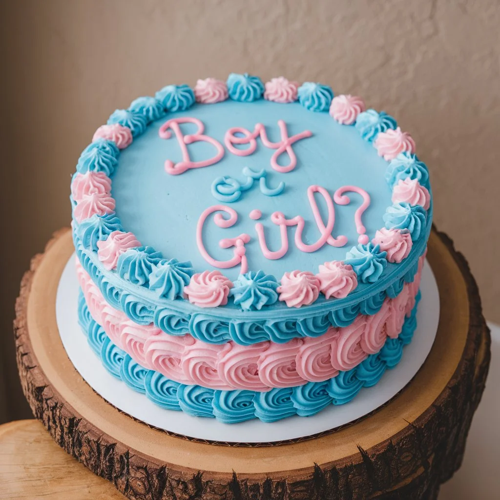  A gender reveal cake with "Boy or Girl?" written in pink and blue icing, placed on a wooden board against a beige wall.