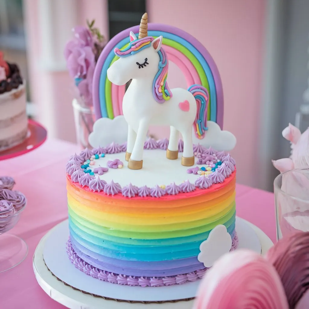 Stunning unicorn cake for girls’ birthday, multi-layered rainbow cake, white unicorn topper with pink heart, standing on a cloud, pink and purple decorations, on a pink tablecloth.