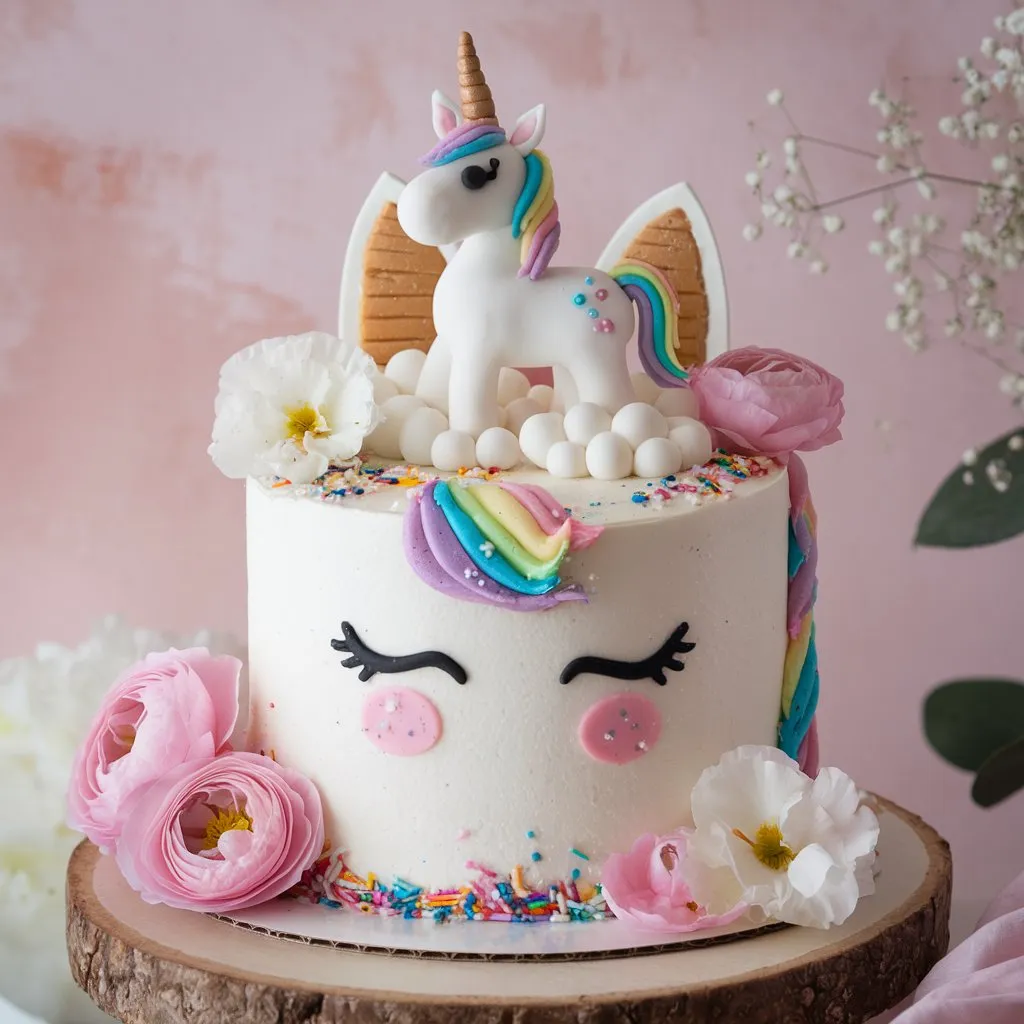 Stunning unicorn cake with white vanilla sponge, rainbow-colored horn, ears, tail, edible glitter, rainbow sprinkles, pink and white flowers, on a wooden stand, set against a pastel pink wall.