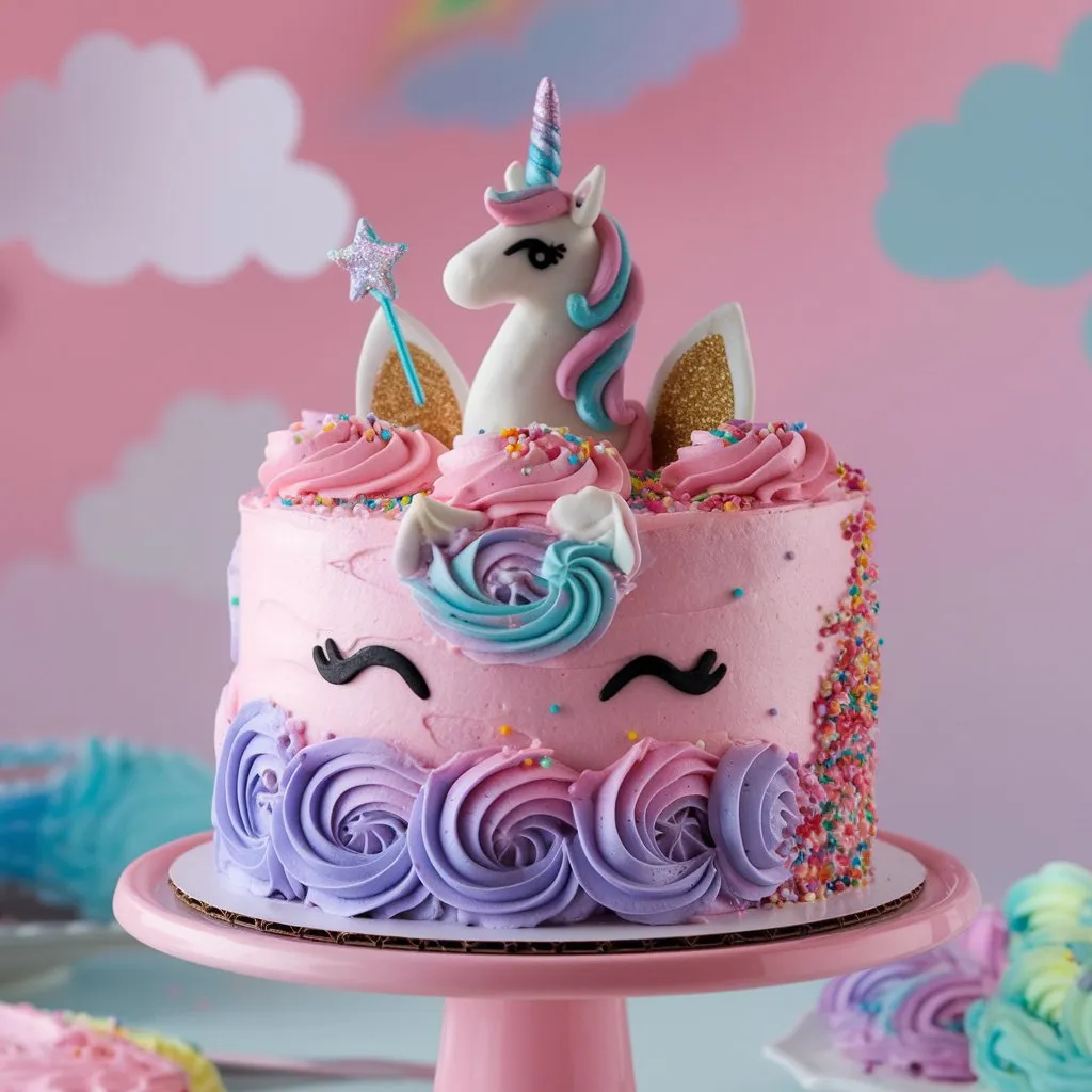 Stunning unicorn cake with pink and purple swirls, rainbow sprinkles, glittery horn unicorn topper, magical wand, on a pink stand in a pastel pink room with cloud decorations.