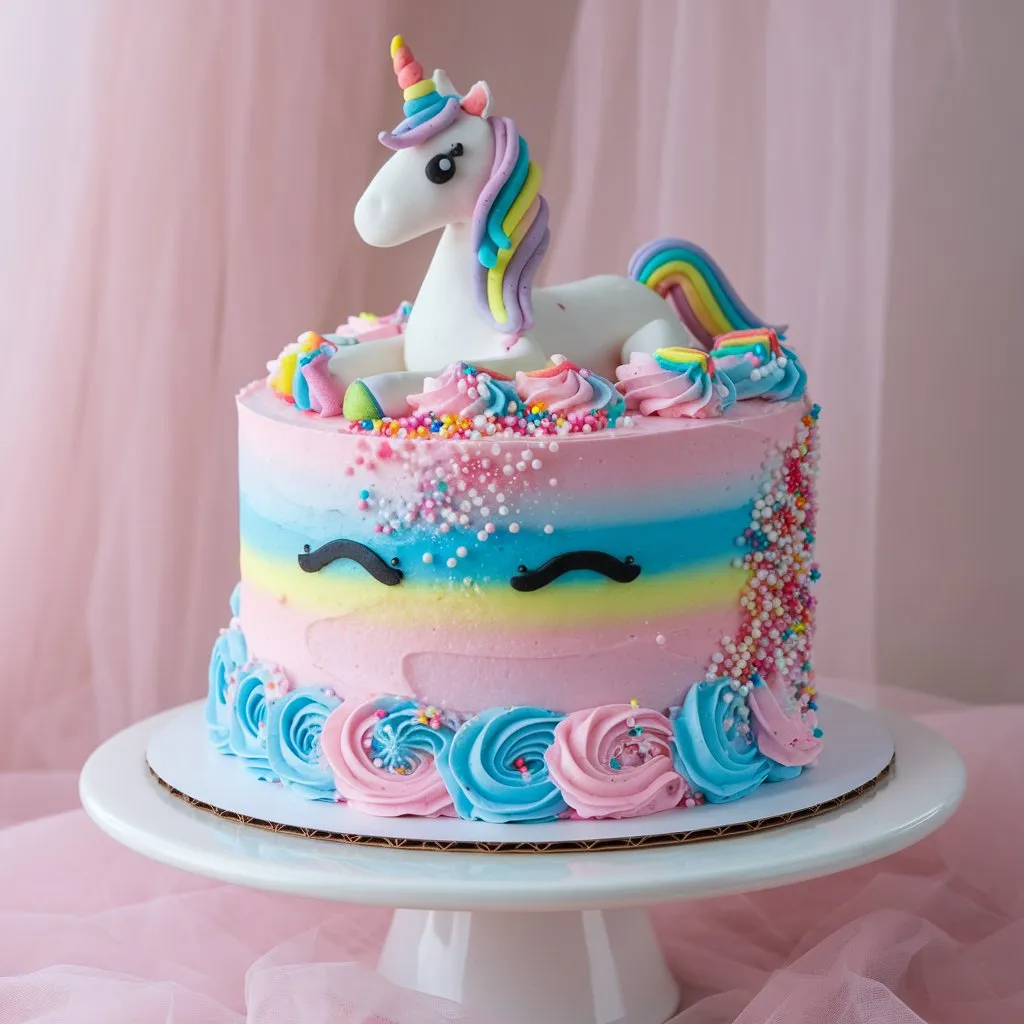 Stunning unicorn cake with pink and blue swirls, white cake stand, fondant unicorn with rainbow mane and horn, pink and blue sprinkles, and rainbow nonpareils, against a light pink curtain.