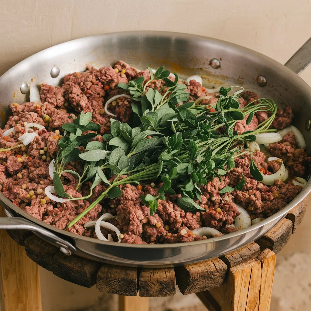 Terra Massoud Recipe – Ground Beef, Onions, and Spices in a Pan with Fresh Green Herbs on Top