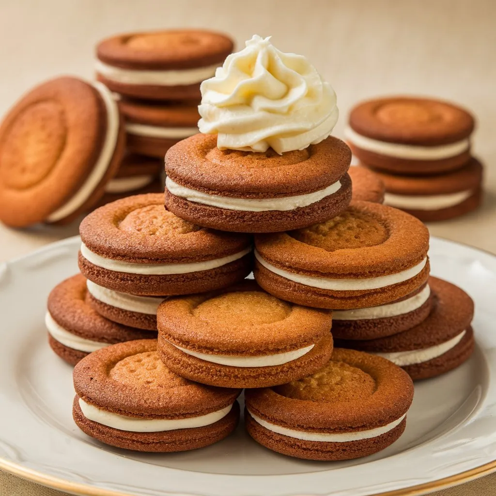 A photo of a tower of Madeline cookies with a dollop of cream on top. Cookies are placed in the background, arranged on a white plate. The background is beige.