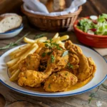 Traditional Churu Chicken Amarillo dish from Lima, Peru, featuring fried chicken coated in yellow chili pepper sauce, served with French fries and garnished with fresh herbs.