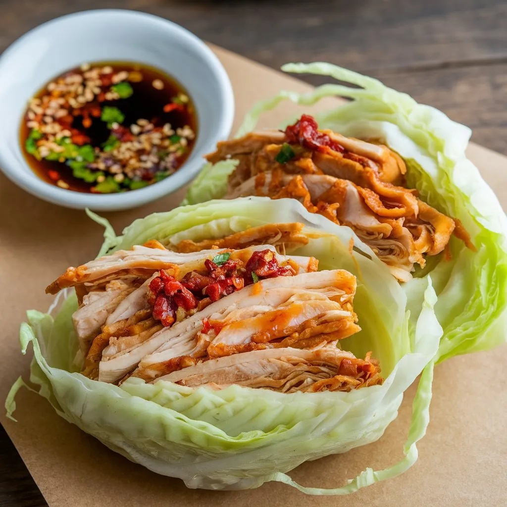 A traditional Hmong cabbage and chicken dish featuring thinly sliced cabbage and chicken marinated in a spicy sauce, wrapped in rice wrappers, and deep-fried until crispy. Served with a dipping sauce of soy sauce, lime juice, and chili, on a wooden surface.