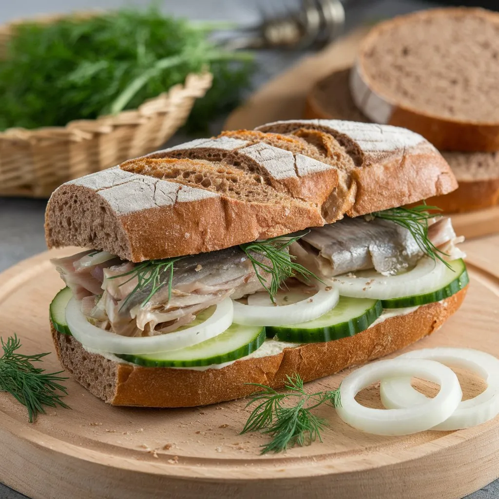 A photo of a Traditional Matjesbrötchen with rye bread, pickled herring, dill, onions, and cucumbers on a wooden board.