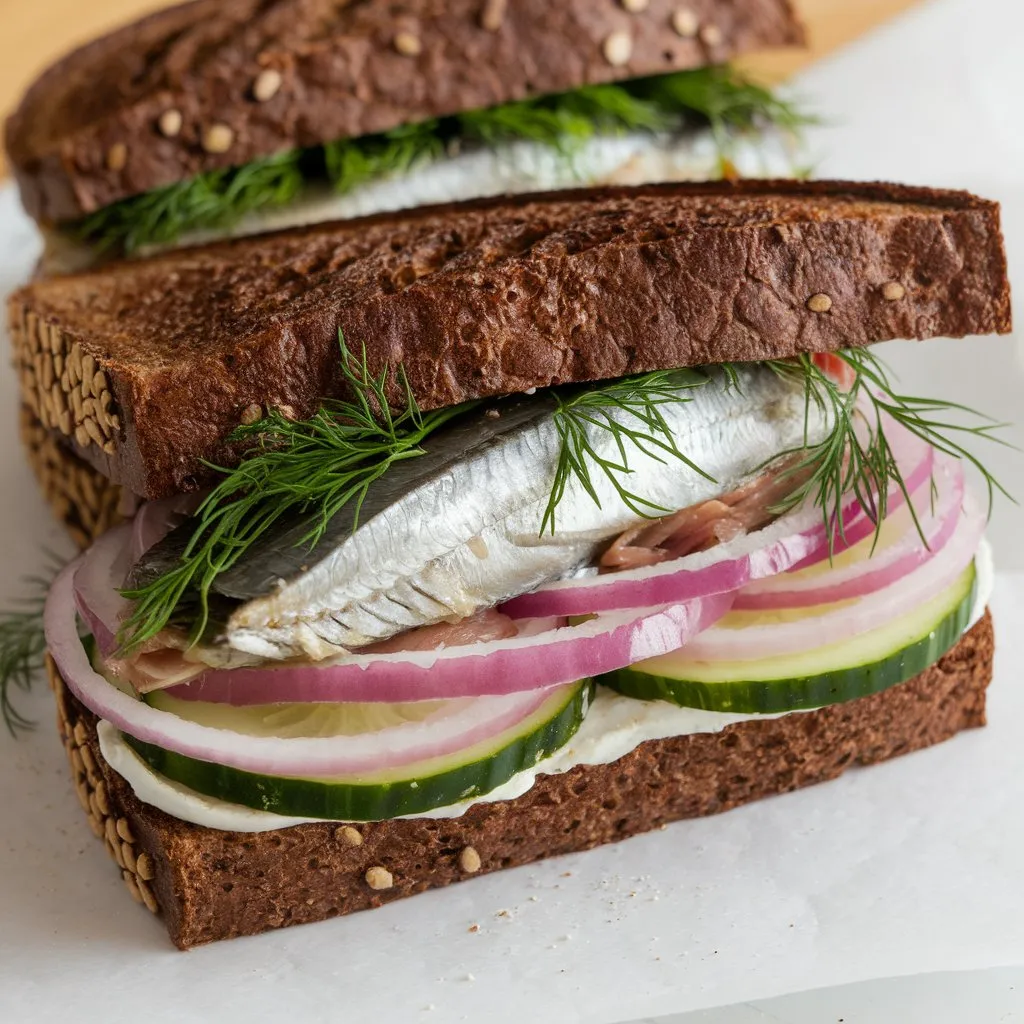 A traditional Matjesbrötchen sandwich on toasted rye bread, filled with pickled herring, dill, onions, and cucumbers, cut in half.