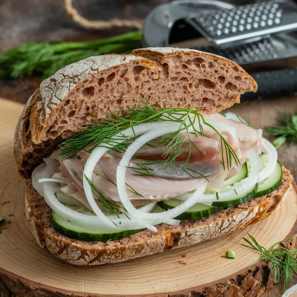 A photo of a traditional Matjesbrötchen filled with pickled herring, dill, onions, and cucumbers on a wooden board.