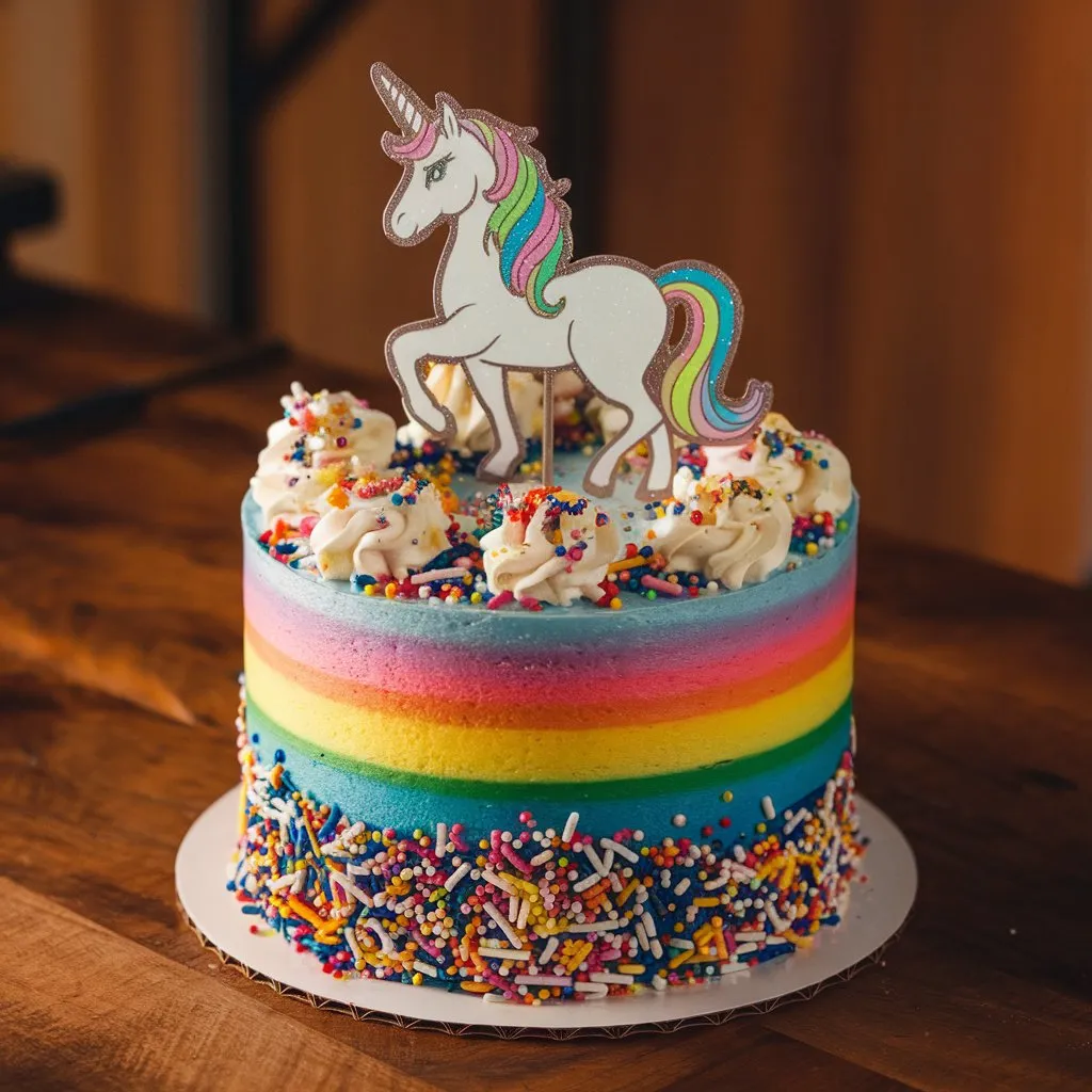 Unicorn cake with rainbow-colored sponge, sprinkles, edible glitter, and a unicorn topper, on a wooden table.