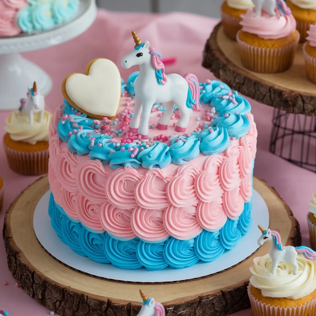 A unicorn cake with pink and blue swirls, topped with a white unicorn figurine, pink and blue sprinkles, and a white heart cookie, placed on a wooden board. White and pink cupcakes with unicorn figurines surround the cake on a pink tablecloth.