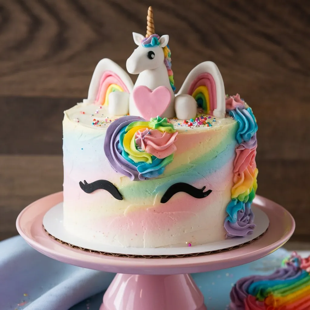 A unicorn cake with rainbow buttercream icing, a white unicorn topper featuring a pink heart, rainbow sprinkles, and edible glitter, placed on a pink stand with a wooden background.