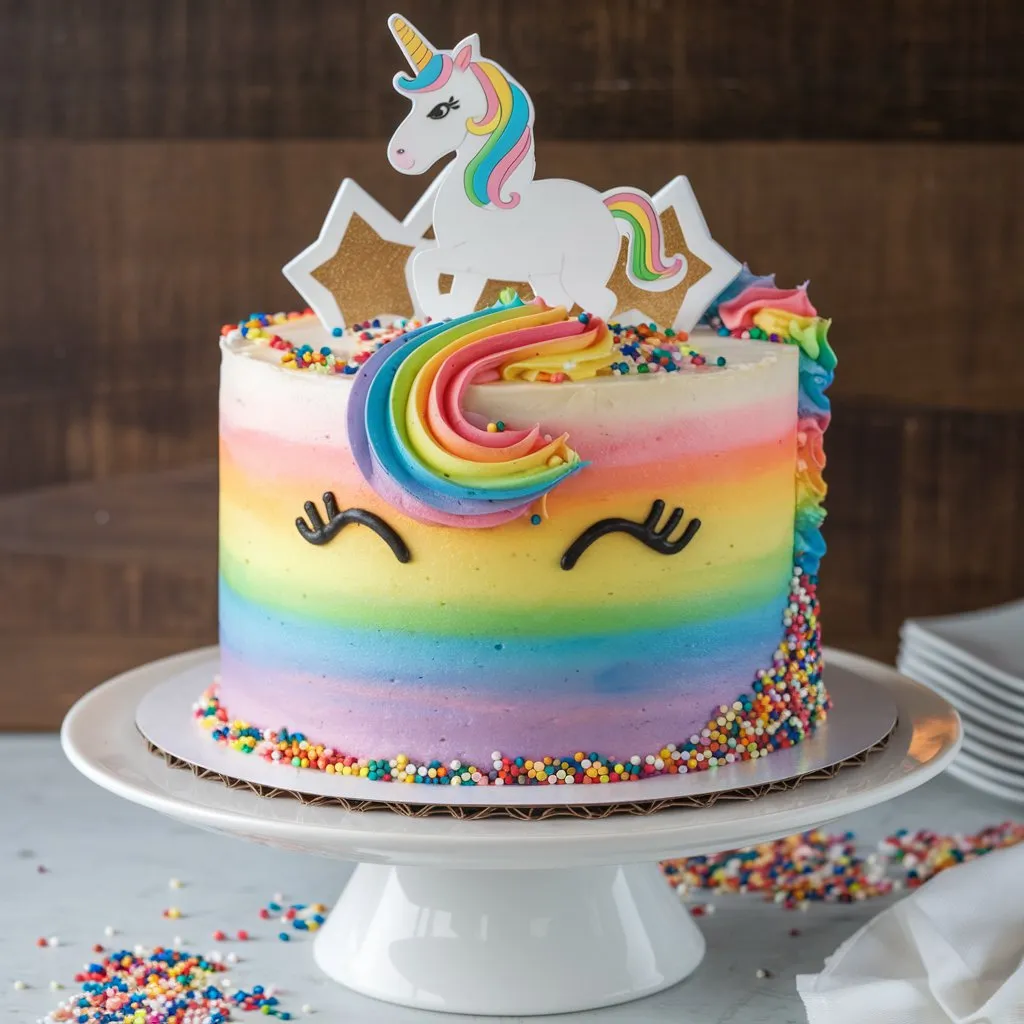 A unicorn cake with rainbow-colored icing, a unicorn topper, and rainbow sprinkles, placed on a white stand with a wooden background.