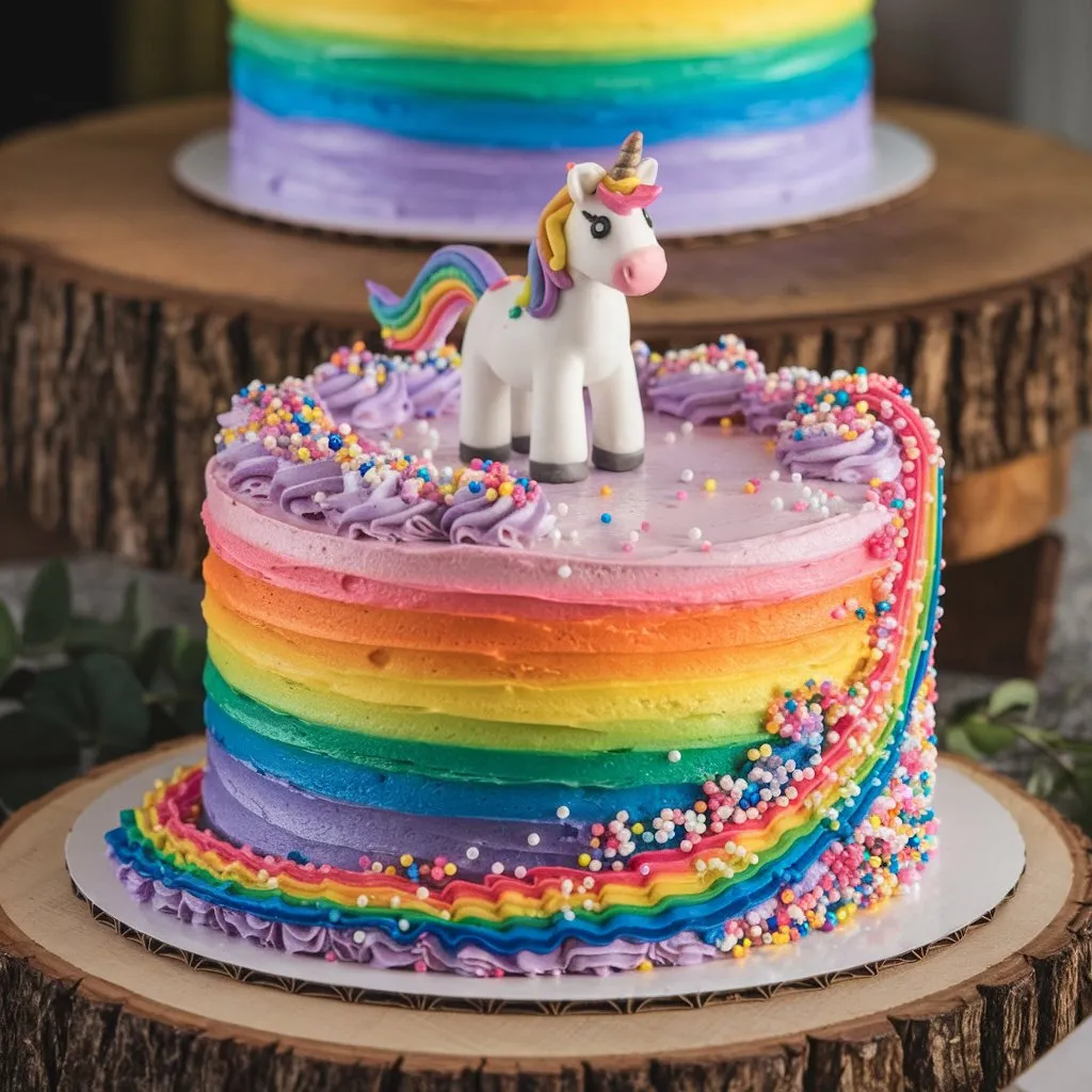 A unicorn cake with rainbow-colored layers, a unicorn figurine topper, rainbow sprinkles, and pink and purple icing trails, placed on a wooden stand.