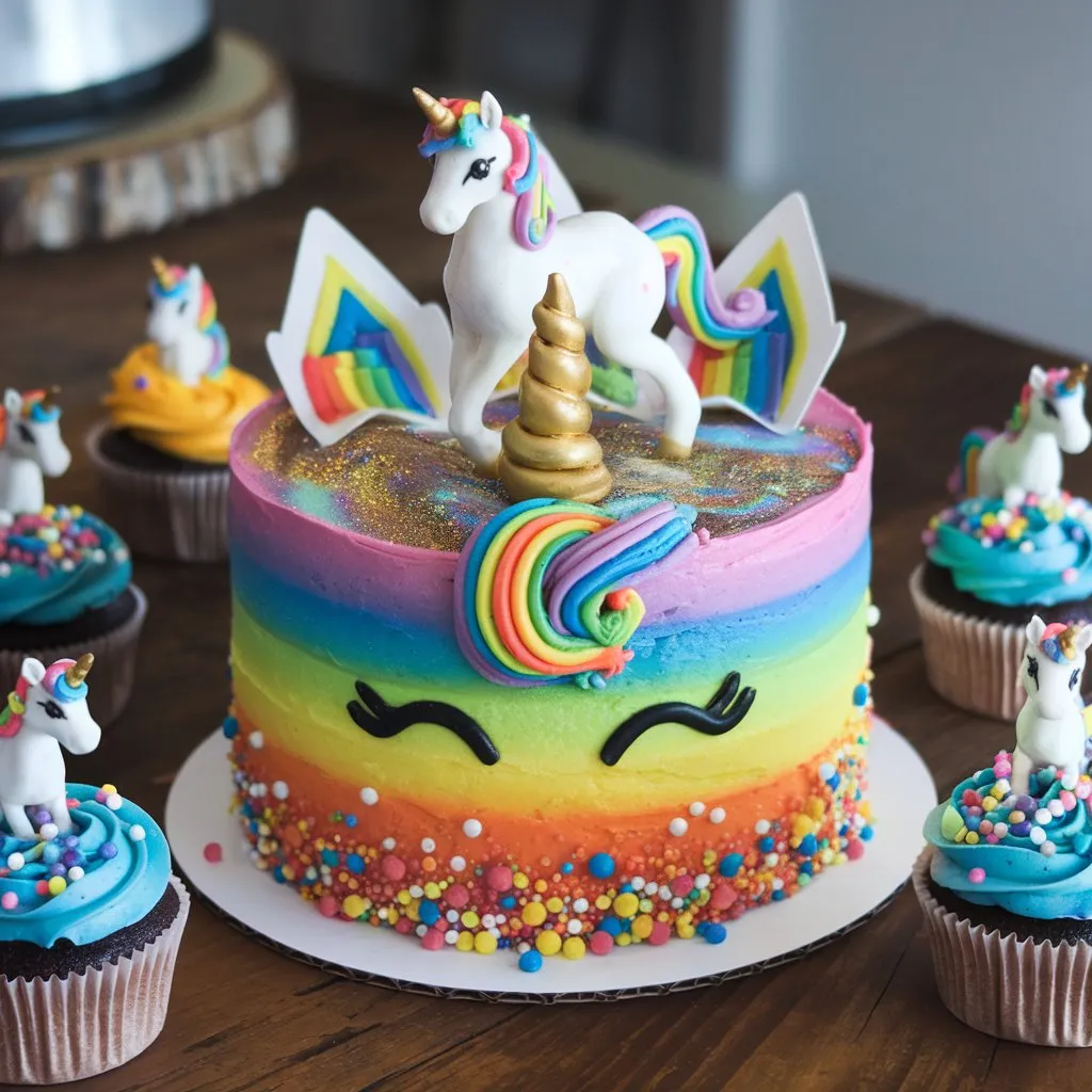 Unicorn cake with rainbow frosting, edible glitter, and unicorn figure, with rainbow sprinkles and cupcakes.