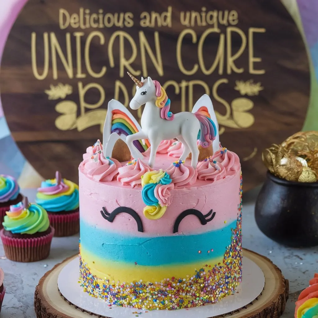 Unique unicorn cake with pink, blue, and yellow layers, unicorn figurine, and edible glitter.