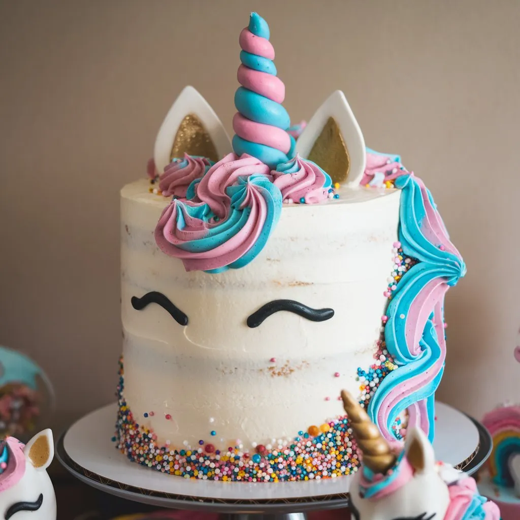 Unicorn cake with multi-layer design, pink and blue swirls, white frosting, sprinkles, and edible glitter, placed on a stand.