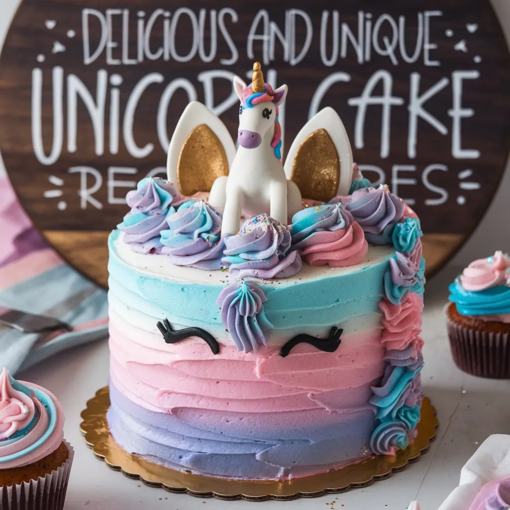 Unique unicorn cake with pink, blue, and purple swirls, edible glitter, and a unicorn figurine.