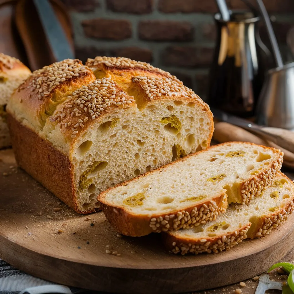 A vegan jalapeño cheese artisan bread with a golden brown crust, soft interior, and sesame seed topping. Slices of bread are displayed on a wooden board against a rustic background featuring brick walls and kitchen utensils.