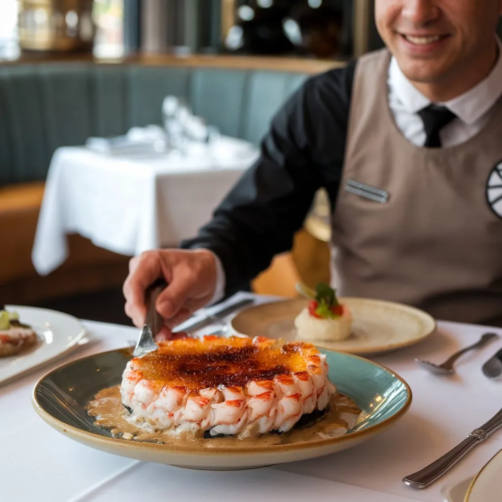 Waiter serving a Crab Brûlée dish with crab meat and caramelized brown sugar, smiling in a restaurant setting with a tablecloth-covered table.