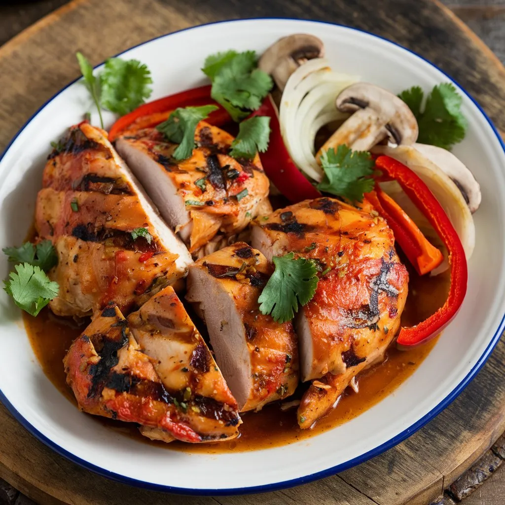 Grilled red pepper Mexican chicken cut into pieces, marinated in a San Antonio-style sauce, served with sliced red peppers, onions, mushrooms, and garnished with fresh cilantro on a rustic wooden board.