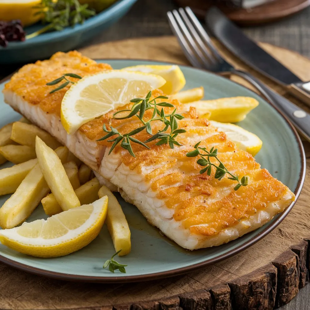 A plate of air-fried lectin-free fish and chips with golden-brown fish, crispy fries, lemon slices, and fresh herbs on a rustic wooden board.