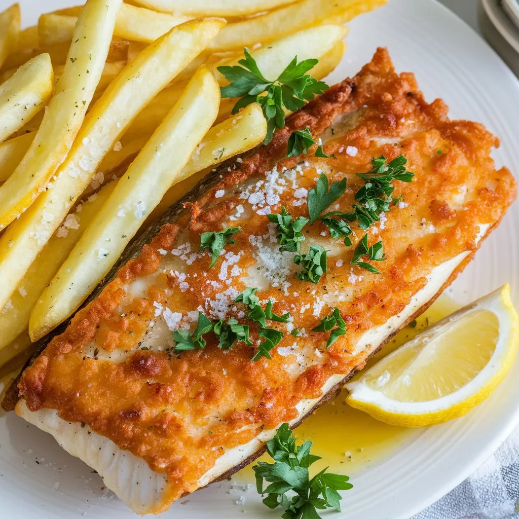 Air fryer lectin-free fish and chips with a golden, crispy fish fillet drizzled with lemon juice and sprinkled with parsley, served next to salted fries on a white plate.