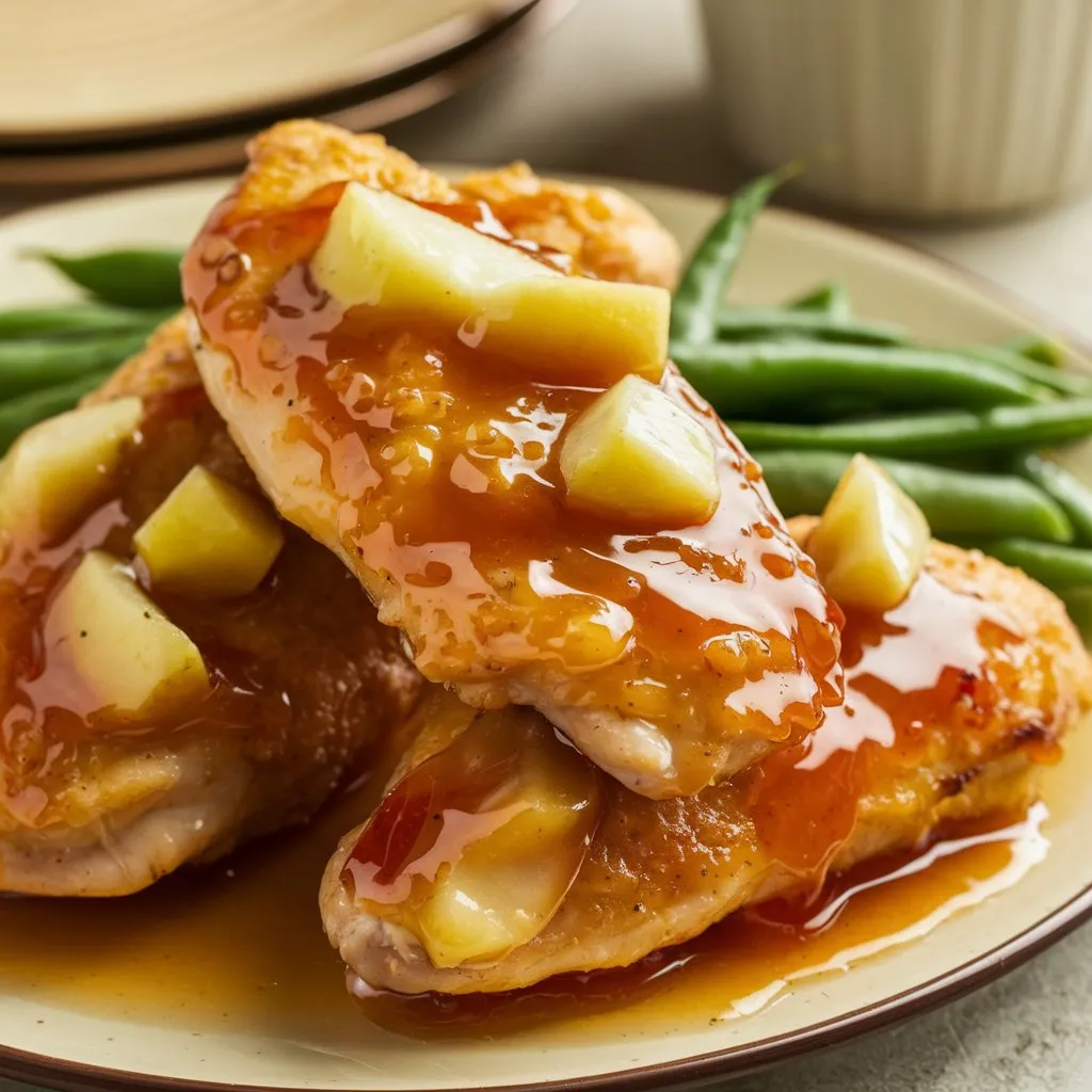 Apple and Honey-Glazed Chicken Tenders served on a beige plate, coated in a thick, glossy apple and honey glaze, with chunks of apple visible.