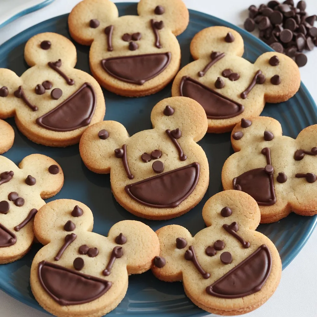 Disney-themed chocolate chip cookies shaped like Mickey Mouse, arranged in a circle with a small pile of chocolate chips beside them on a white plate.