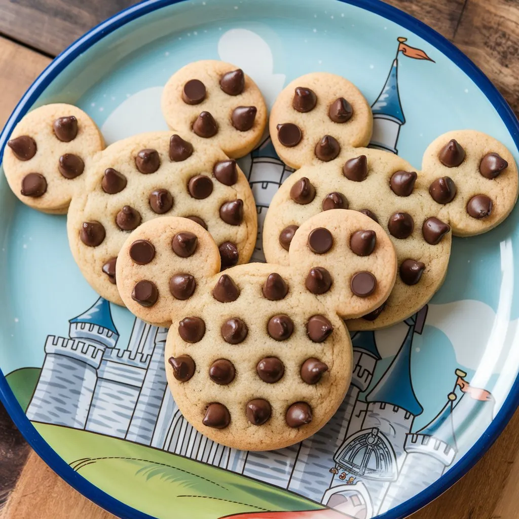 Disney-themed chocolate chip cookies with Mickey Mouse ears, placed on a Disney-themed plate featuring a castle design.