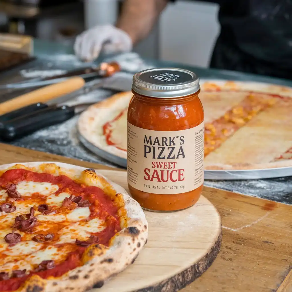 Mark's Pizza sweet sauce recipe featuring a jar of sauce, a pizza with the sauce, and a pizza stone. Background includes utensils and a pizzaiolo.