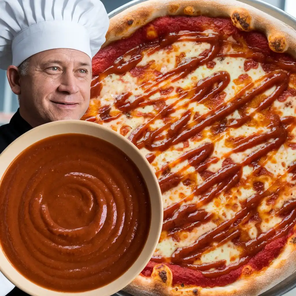 Mark’s Pizza sweet sauce recipe with a man in a chef’s hat and a pizza featuring a thick layer of sweet sauce and cheese. The sauce is in a bowl with a clean, white background.