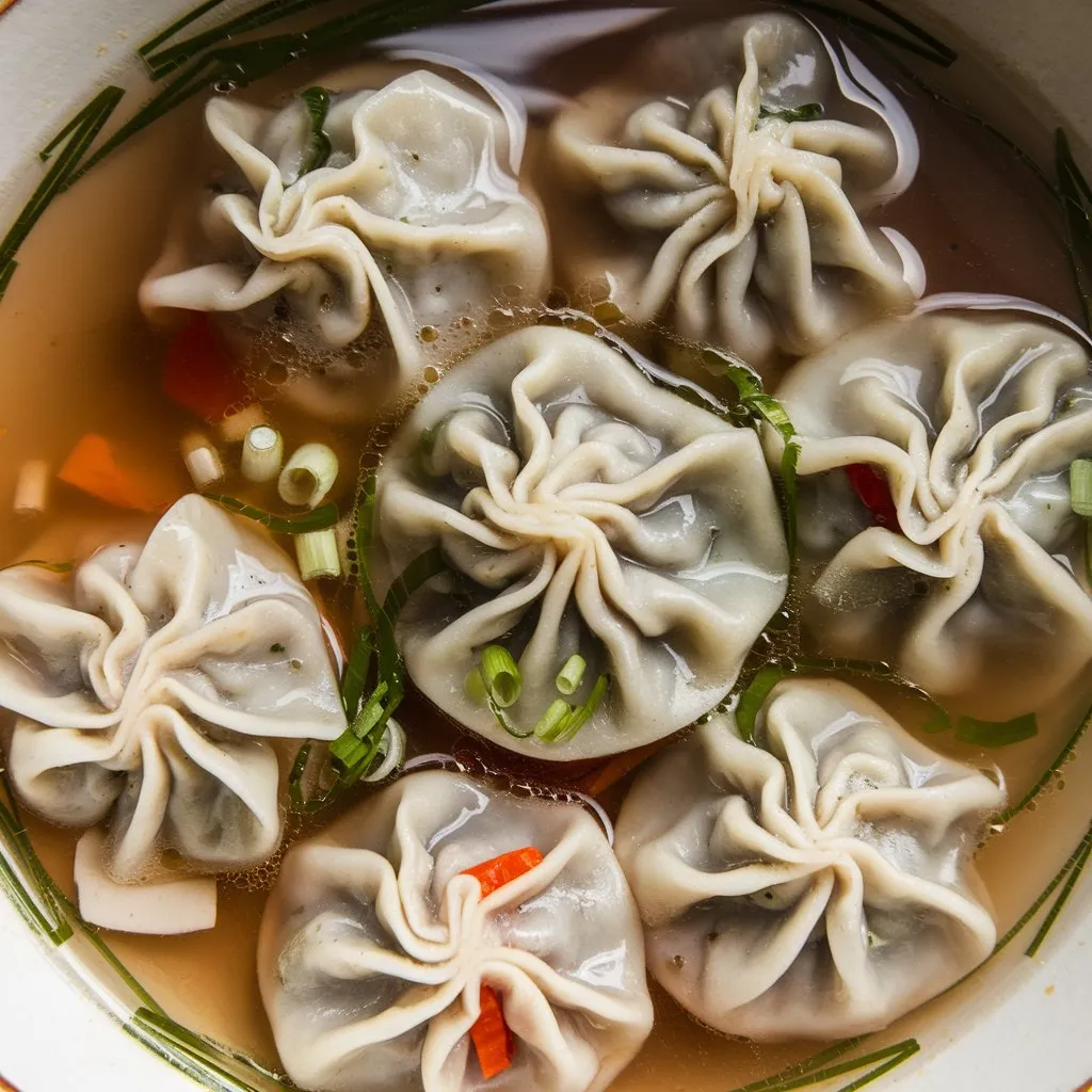 Vegan soup dumplings filled with a mix of vegetables and mushrooms, served in a bowl of light brown broth, garnished with scallions.