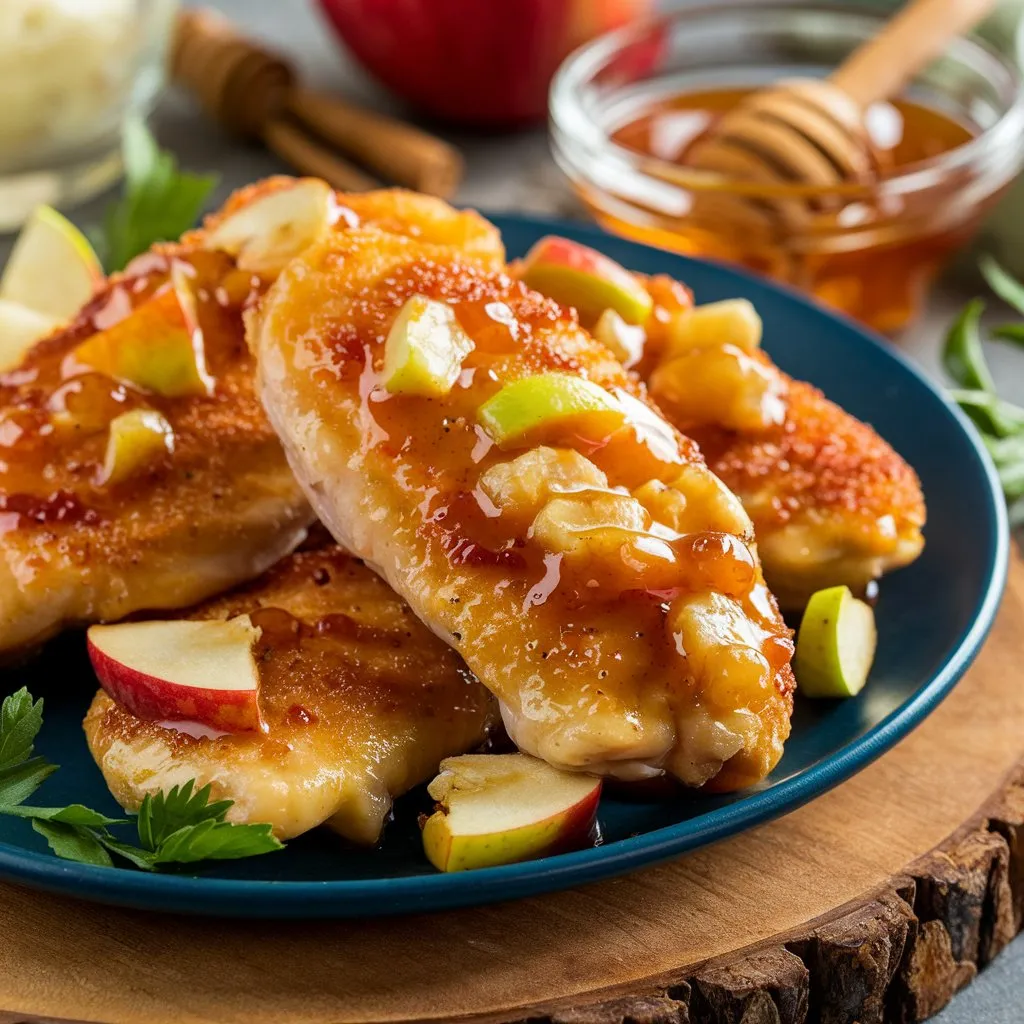 Water-mouthed Apple and Honey-Glazed Chicken Tenders, golden brown and glazed with a sweet mixture of apples, honey, and spices, served on a wooden board with a small bowl of apples and honey.